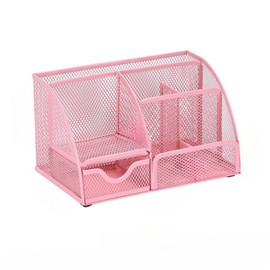 Pink Desk Organiser, Mesh Metal Office Organiser with Drawer and Pen Holder for Pens, Stapler, Space Saving Pen Organiser to Keep Your Work Area Tidy and Organised