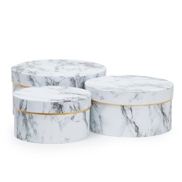 Juvale Set of 3 Small Round Gift Boxes with Lids, White Marble Print Cardboard Boxes (3 Sizes)