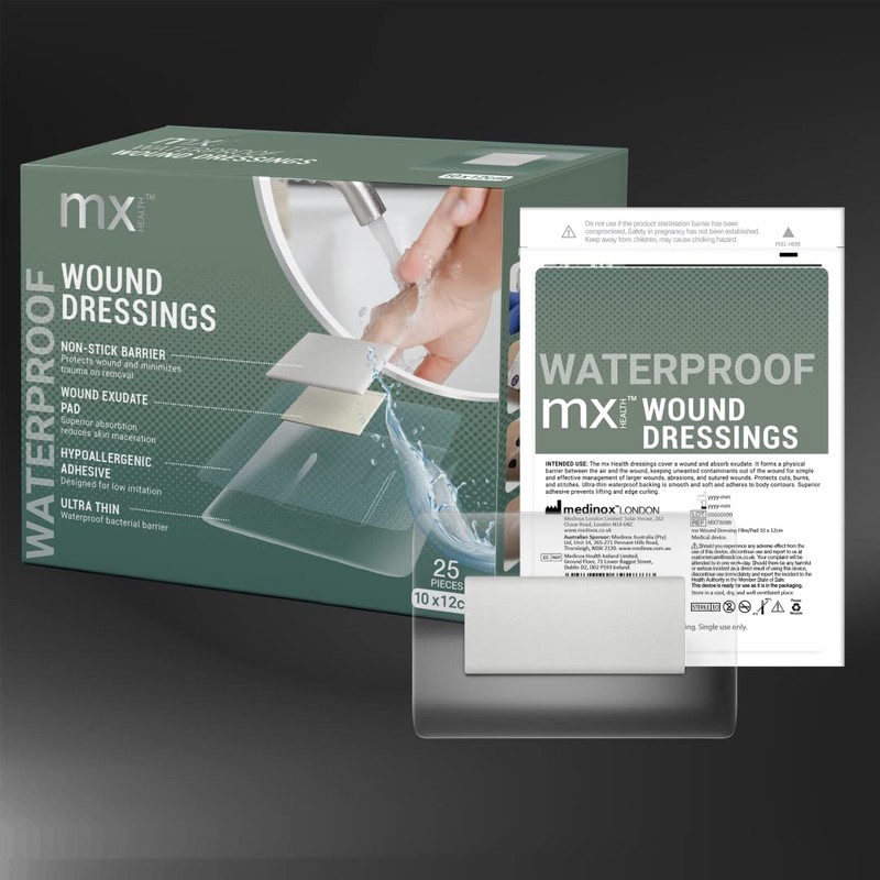 mx HEALTH Waterproof Wound Dressing Film+PAD - 10X12CM (5X6CM Wound
