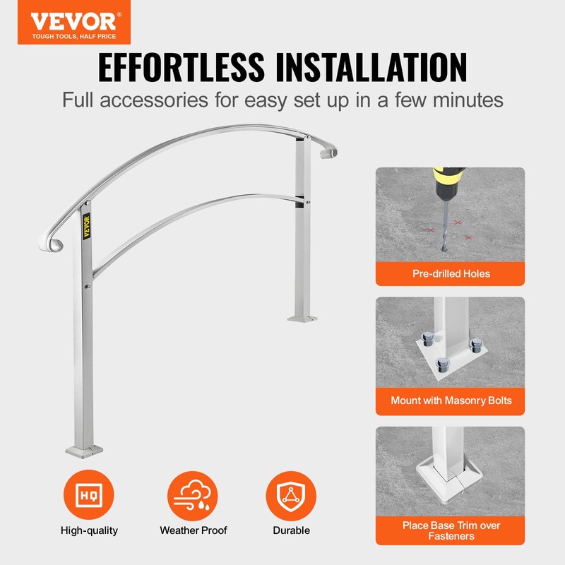 VEVOR Handrail for Outdoor Steps, 2-3 Steps White Arch#1, Adjustable