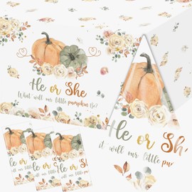 Peghoqu Fall Pumpkin Gender Reveal Tablecloth,He or She Pumpkin Floral Gender Reveal Party Decorations,What Will Our Little Pumpkin Be Disposable Table Cover for Autumn Baby Shower Supplies