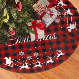 Buffalo Plaid Christmas Tree Skirt 36 inch, Santa Xmas Tree Skirt Mat with Reindeer Snowflake, Red Tree Skirts for Artificial Trees Merry Christmas Xmas Decorations for Home