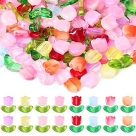 Huquary Huquary 320 Pcs Colorful Translucent Tulip Flower Beads Handcrafted Tulip Glass Spacer Bead Crystal Loose Glass Flower Beads for Jewelry Making Earring Bracelet DIY Craft Spring Summer Gifts