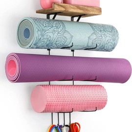 2 Packs Yoga Mat Holder Wall Mount Yoga Mats Storage Rack with Wood Floating Shelves and 4 Hooks for Hanging Foam Roller and Resistance Bands Towel Racks for Home Gym School Office