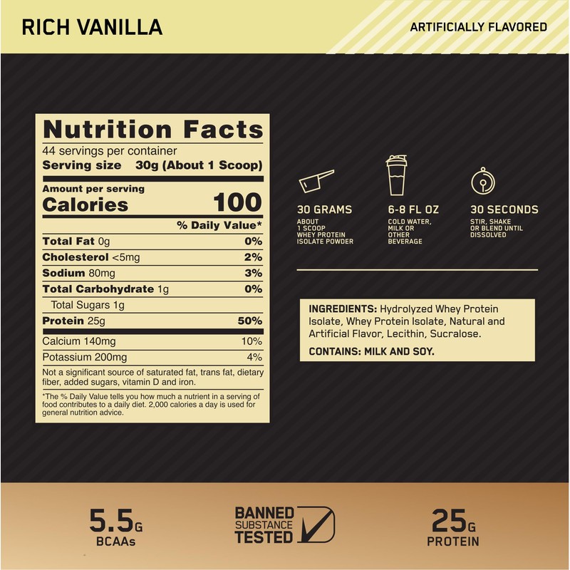 Optimum Nutrition Gold Standard 100% Isolate, Protein Powder, Rich Vanilla,