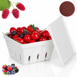 LemonRoad 3 Pcs Ceramic Berry Basket Set with Berry Bowl Colander, Stone Coaster and Sandpaper, 5.7'' Square Fruit Basket/Bowl with Draining Holes for Strawberry Grape Valentines Decor(White)