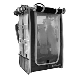 Cockatoo Carrier Backpack-Parrot Travel Cage with Wood Perch and Food Bowl, Stainless Steel Tray (Charcoal Gray, Large Birds (for Cockatoos))