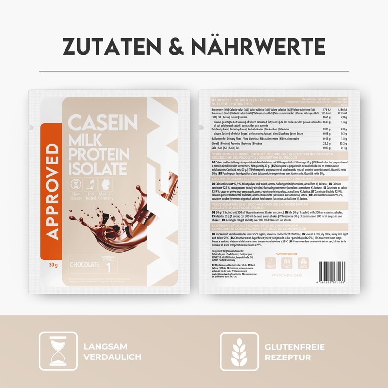 WFN Approved Casein Proteinpulver - Schokolade - 30 g Probe-Packung
