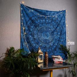 FURNISHFUL FINESSE Tapestry for Bedroom 76 x 102 cm, Mandala Elephant Wall Hanging, Tapestries, Blue Indian Cotton, Beach Throw, Bohemian Hippie Blanket for Home, Living Room, Decoration