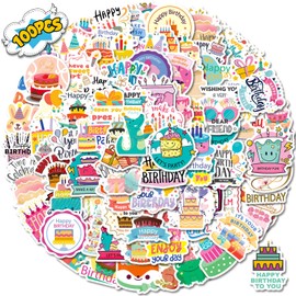 100PCS Happy Birthday Stickers Cute Birthday Party Supplies Stickers for Kids Teens Adults Icicrim Vinyl Waterproof Cartoon Stickers for Water Bottles Luggage Journaling