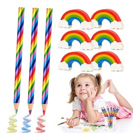 Augesak Pack of 24 Rainbow Colouring Pencils Set, 12 Rainbow Pencils Children with 12 Rainbow Erasers, Rainbow Pen for Painting and Drawing, 4 in 1 Colourful Pencils, Party Bag Children's Birthday