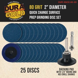 Dura-Gold 2 Inch Grinding Discs, 80 Grit (25 Disc Set) with R-Type Roll Lock Adapter & Backing Pad - Quick Change Zirconia Coarse Cut Sanding Discs for Auto, Wood, Metal, Rust, Oxidation, Welds