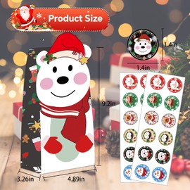 24 Pieces Christmas Gift Bags with 24 Christmas Stickers,Christmas Party Candy Goodie Bags,Xmas Cookies Goody Wrapping Bags, 6 Different Design for Party, Pastries, Cupcakes, Cookies, Brownies, Donuts