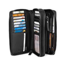 KRONIFY Women's Leather Wallet, Genuine Leather Wallet, Large Double Zip, Large, RFID Protection, Wallet with Coin Compartment, 29 Card Slots, Women's Wallet, Nature black, Classic