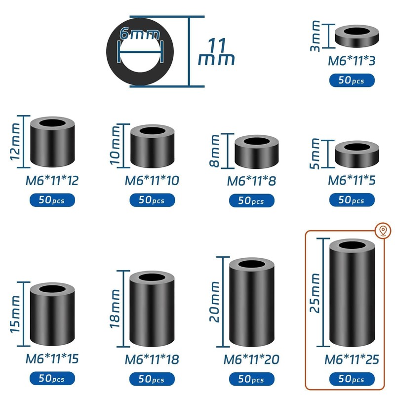 SWTYExt Plastic Spacer Sleeves M6 Round Spacers Pack of 50
