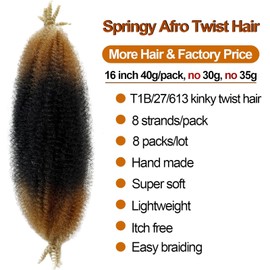 Springy Afro Twist Hair 1B/27/613 Ombre Blonde Marley Twist Braiding Hair 16 Inch Three Tone Twisted UP Spyingy Afro Twist Hair 8 Packs Kinky Twisting Hair for Distressed Locs Crochet Hair…