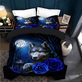 UGZDEA Wolf Bedding Set, 3D Animal Series Wolves Rose Print, Soft Microfibre Quilted Bedding Set for Adult Bedroom Decoration (B, 135x200cm)