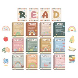 Boho Reading Strategies Posters Educational Reading Bulletin Board Classroom Decorations Rainbow Book Apple Cutouts for Library Kindergarten Elementary Middle School Wall Decor Teacher Supplies