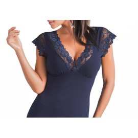 Selente Sweet Dreams Women's High-Quality Negligee / Nightdress Long Sleeve or Short Sleeve (Made in EU) with Elegant Lace, Short sleeve dark blue