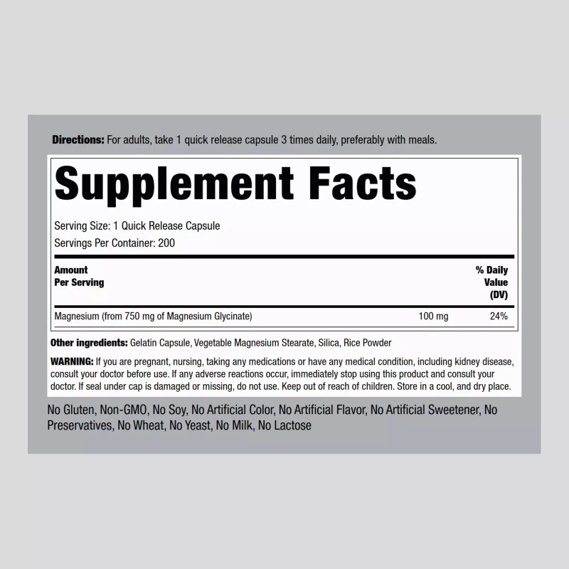 Piping Rock Magnesium Glycinate Capsules | 750mg | 200 Count