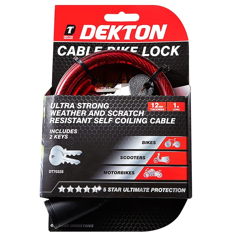 DEKTON DT70335 Bike Lock, Black/Red, 12 mm x 1 m