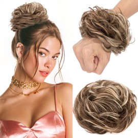 Elailite Hair Pieces For Women Real Hair Messy Bun Human Hair Remy Hair Covered Scrunchies Donuts Updo Chignon - #4R/613R Medium Brown Mix Bleach Blonde