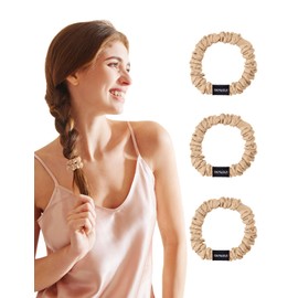 THXSILK 100% Mulberry Silk Scrunchies for Women, No Damage Hair Ties for Grils, Silk Smooth Ponytail Holder, Small 3 PCS, Champagne