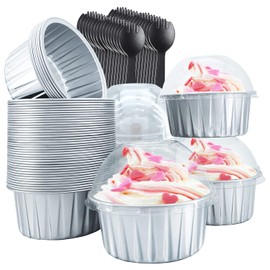 Forros para cupcakes con tapas de cúpula paquete de 50, Free-Air 5 onzas de aluminio para hornear moldes de panecillos, Souffle Postre Pudín Ramekin Soportes para panadería individual, boda, fiesta de