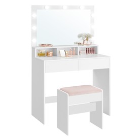 VASAGLE Vanity Desk with Mirror and Lights, Makeup Vanity with Upholstered Vanity Stool, 9 Dimmable LED Lights, 3 Compartments, 2 Drawers, for Bedroom, Cloud White URDT129W01