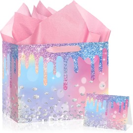 Glitter Gift Bags Iridescent Birthday Gift Bags Glitter Diamond Wrapping Paper Bags Rainbow Goodie Bags Colorful Happy Birthday Treat Bag for Wedding Bridal Baby Shower Birthday Party Decorations