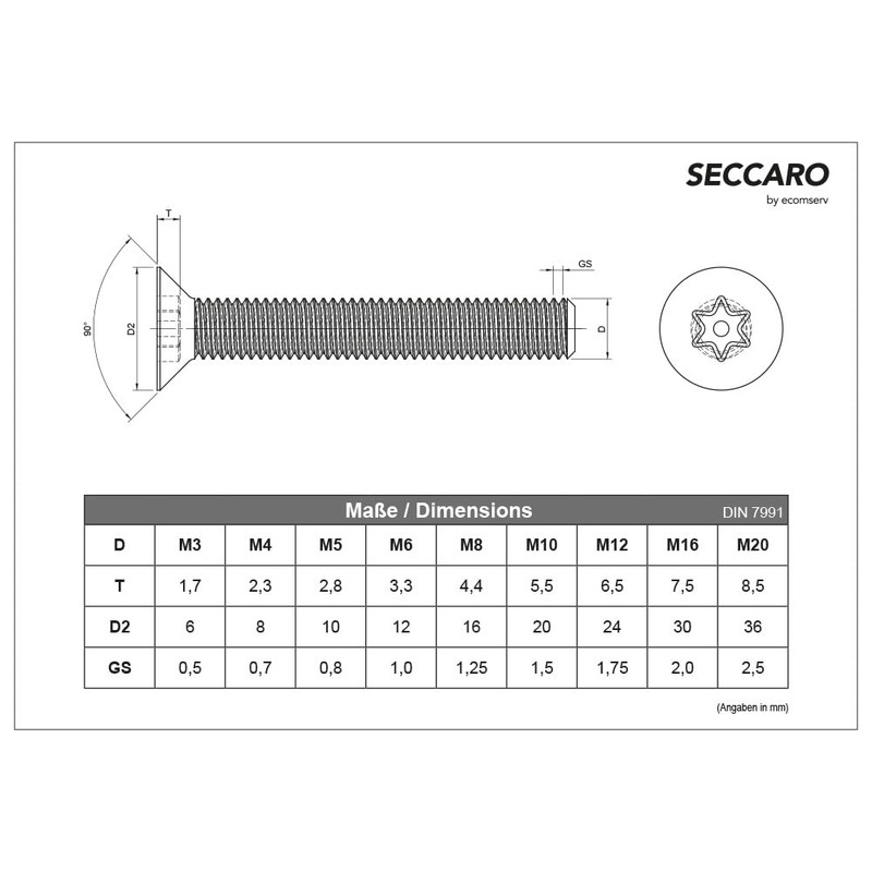 SECCARO Viti a testa svasata di sicurezza con pin M6