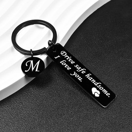 OUMILAN Drive Safe Keychain 26 Letters Keychain Gifts for Boyfriend Couple Husband Dad Birthday Christmas Valentines Day Gifts,M-black,1.96Lx0.47Wx0.06H in