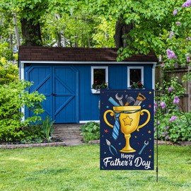 Louise Maelys Father's Day Garden Flag Trophy Tool Welcome 12x18 Inch Double Sided Small Burlap for Daddy Papa Grandpa Holiday Yard Outdoor Sign Outside Home House Decoration