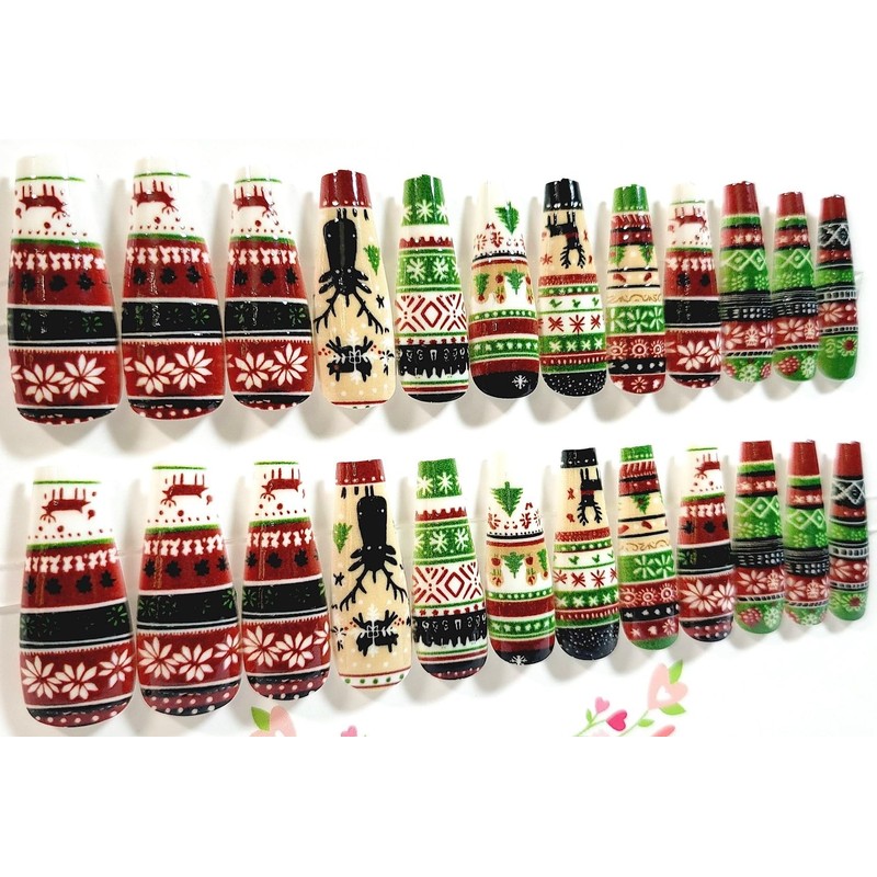 Winter Fair Isle Glossy Long Coffin Press On Nails -