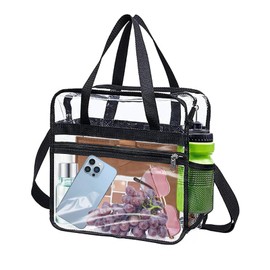 Megcdtr Clear Tote Bag, See Through Crossbody Bag with Zipper and Adjustable Shoulder Strap, PVC Waterproof Tote, Large Transparent Toiletry Lunch Bags for Travel Shopping Work (Black)