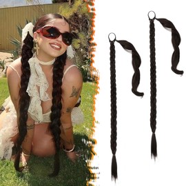 BARSDAR 2PCs 30 Inch Long Braided Ponytail Extension - Sleek Wrap Around Brown Braid Ponytail Hair Extensions with Hair Tie - Synthetic Pony Tails Hairpieces for Women - Dark Brown Mixed