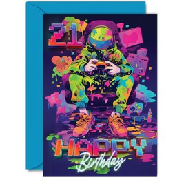 21st Birthday Cards for Women Men - Video Gamer Game - Happy 21 Birthday Card for Son Daughter Brother Sister Friend, 5x7 Inch Twenty-One Twenty-First Bday Greeting Cards