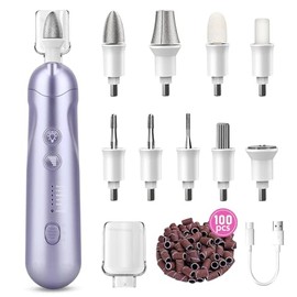 Karrong Kit profesional de manicura y pedicura, taladro eléctrico inalámbrico 9 en 1 con 100 brocas y bandas de lijado, amoladora de uñas para uso hum
