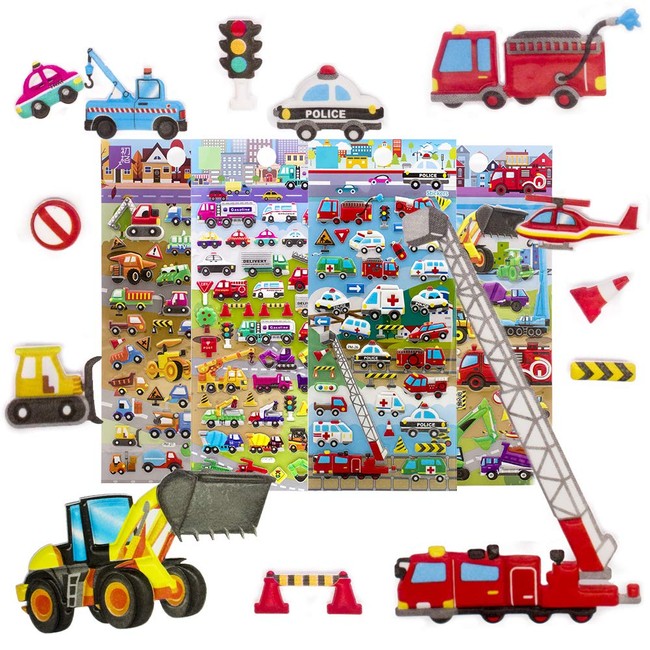 IMNEXT2U 3D Puffy Stickers for Kids Resuable Foam Sticker for Toddler, Boys, Girls Scrapbooking Supplies, Engineering Vehicle,Digger, Forklift, Police Car, Fire Truck - 4 Sheets (Vehicle)