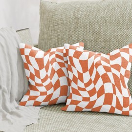 ggaimwf Checked Cushion Covers, Burnt Orange, 40 x 40 cm, Set of 2, Wavy Checkerboard Pattern, Distorted Checkerboard, Graphic, Modern Linen Cushion Covers, Sofa Cushion Covers, Living Room Cushion