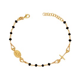 LeCalla 925 Sterling Silver 14K Gold-Plated Rosary Cross Charm Black Spinel Beaded Mother Mary Bracelet for Women