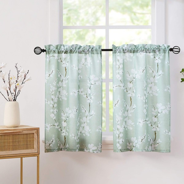 Green White Kitchen Tier Curtains 24-inch Length Blossom Print Half Window Drapes for Bathroom Floral Light Filtering Privacy Protected Café Curtain Panels Rod Pocket 1 Pair