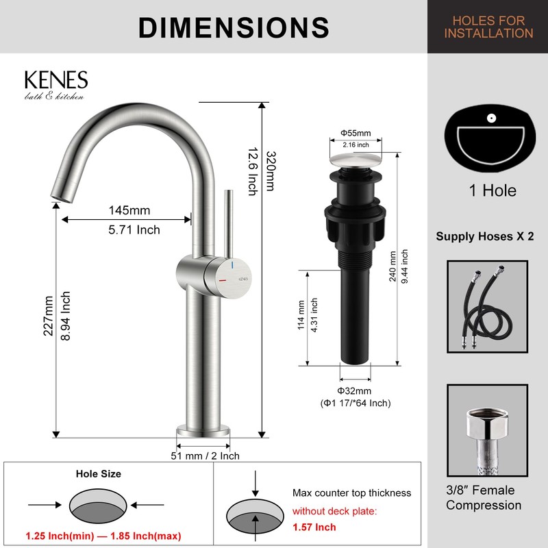 KENES Brushed Nickel Vessel Sink Faucet, Single Handle Tall Bathroom