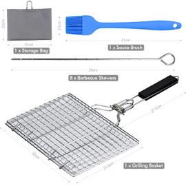 Fish Grilling Basket, Folding Portable Stainless Steel BBQ Grill Basket for Fish Vegetables Shrimp with Removable Handle for Fish Vegetables Steak with 8 BBQ fork, Storage Bag and Brush(32x 21.5cm)