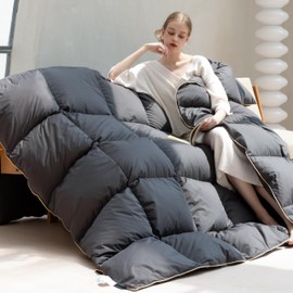 KAKABELL Goose Down Comforter Twin Size Noiseless Duvet Insert with Tabs Solid Grey 100% Cotton Cover Medium Warm Soft Down Feathers Comforter 68x90 Inches