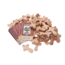 Zuluf 50 Small Olive Wood Hand Crosses Bethlehem Factory | Wooden Meditation Handheld Olive Wood Crosses From Bethlehem Israel | 6cm / 2.5 Inch Each Cross & 50 Holy Land Card Certificates CRS098