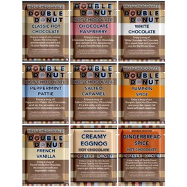 Double Donut Coffee Flavored Hot Chocolate Packets Variety Pack,18 Count Includes Classic, White Chocolate, Chocolate Raspberry, Salted Caramel, Pumpkin, French Vanilla & Peppermint