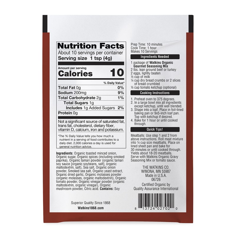 Watkins Organic Gourmet Seasoning Mix, Meatloaf, 1.5 Oz. Pouch, 1