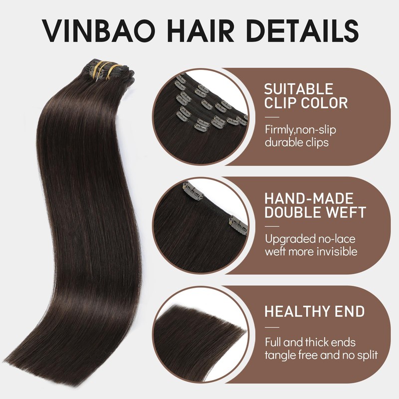 VINBAO Clip in Hair Extensions Real Human Hair Dark Brown