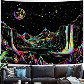 Lunerfex Starry Mountain Tapestry Blacklight Wall Tapestry Celestial Landscape Tapestry Wall Hanging for Bedroom and Living Room Decor Mountain Blacklight 70×90 Inches